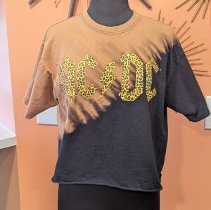 AC/DC Large Boxy Crop Tee Orange & Black Tie Dye Leopard Band Logo T-shirt Rock